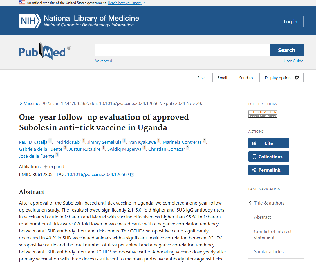 Publisher page for One-year follow-up evaluation of approved Subolesin anti-tick vaccine in Uganda