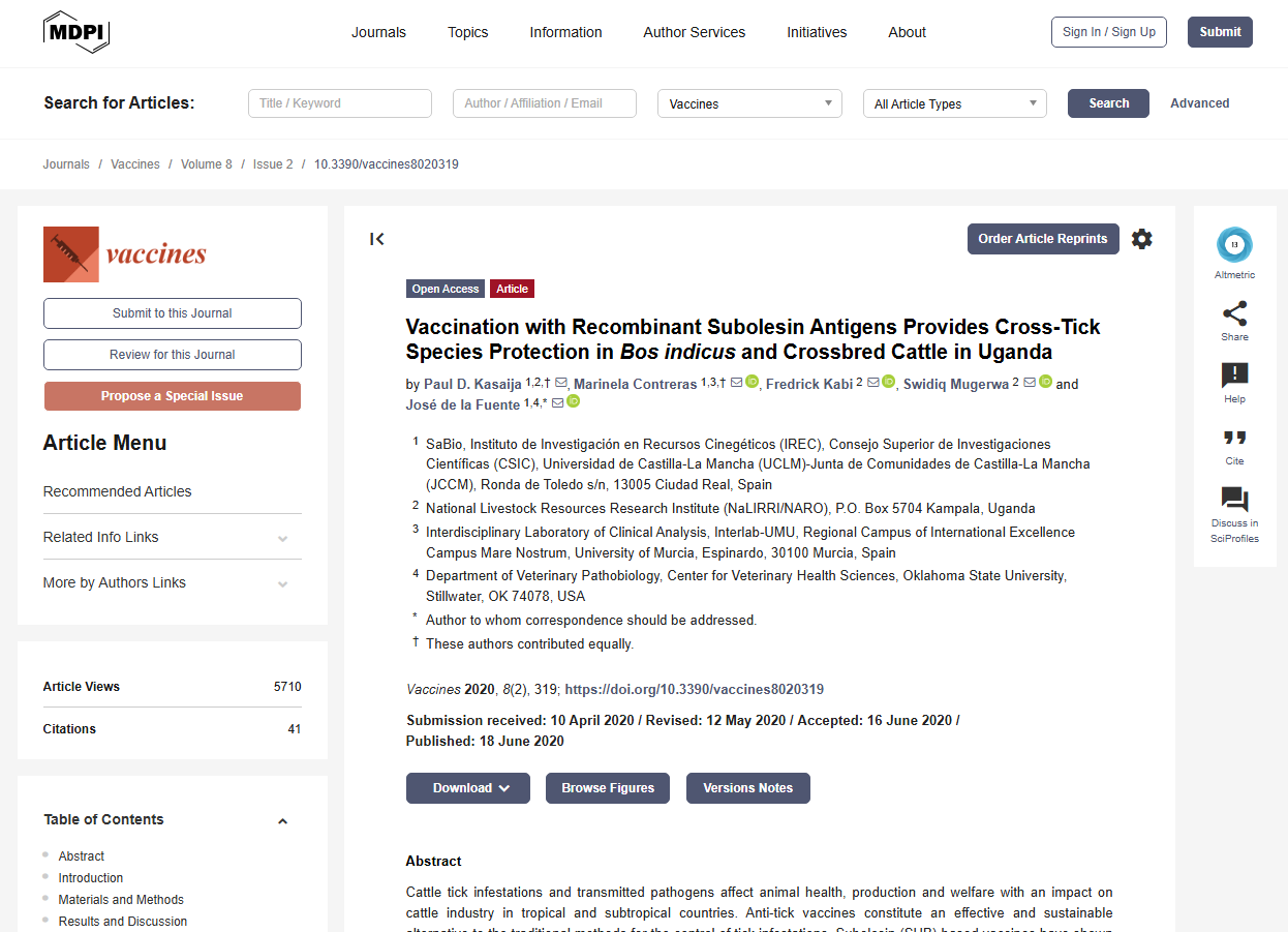Publisher page for Vaccination with Recombinant Subolesin Antigens Provides Cross-Tick Species Protection in Bos indicus and Crossbred Cattle in Uganda