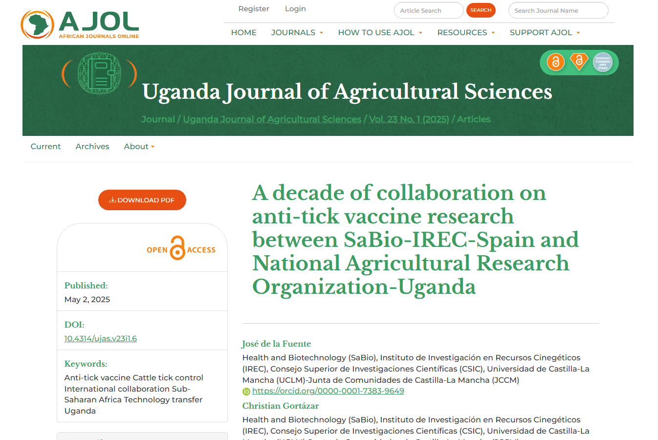 Publisher page for A decade of collaboration on anti-tick vaccine research between SaBio-IREC-Spain and NARO-Uganda