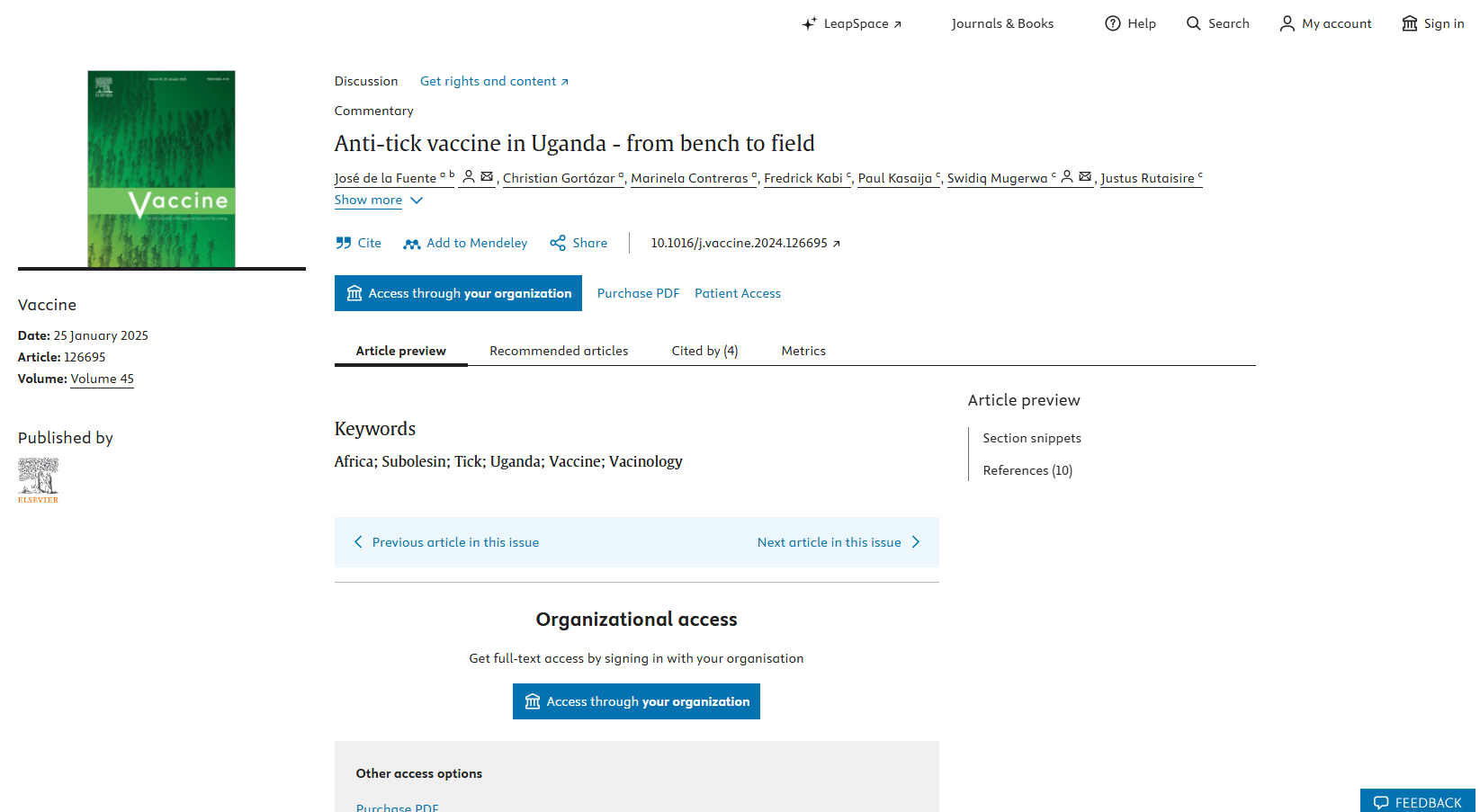 Publisher page for Anti-tick vaccine in Uganda — from bench to field