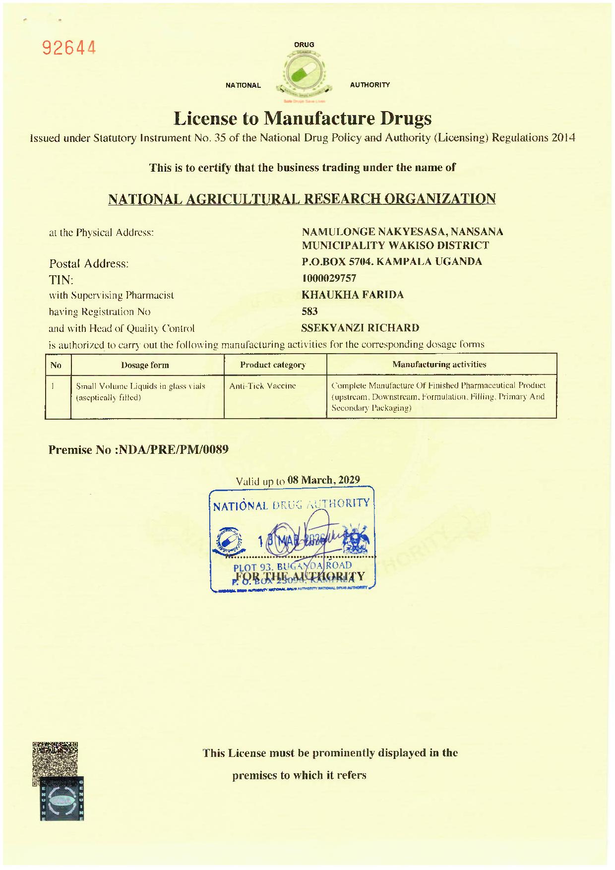 License to Manufacture Drugs